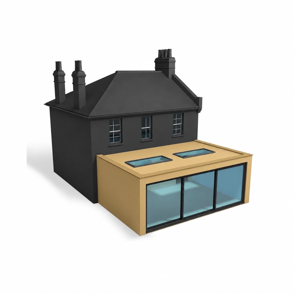 Model of a double-fronted house with a flat-roofed rear extension and rooflights