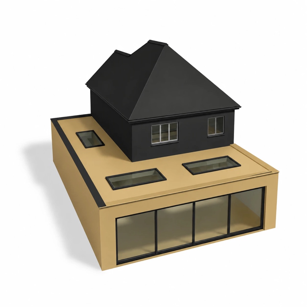 Model of a hipped-roof house with a flat-roofed wraparound extension