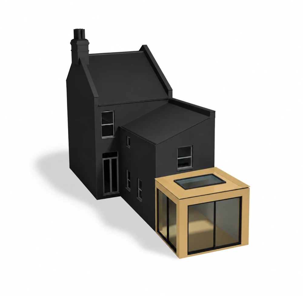 Model of a terraced house with a small glass box extension on the back addition