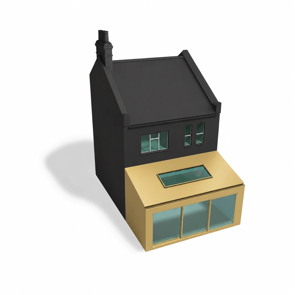 Model of a terraced house with a full-width rear extension under a lean-to roof