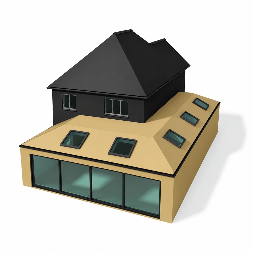 Model of a hipped-roof house with a pitched-roof wraparound extension and rooflights