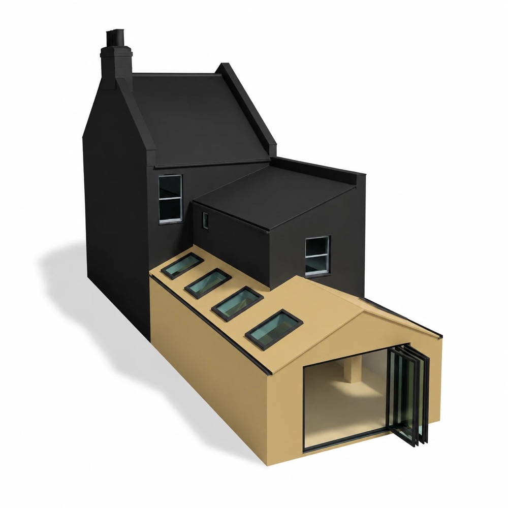 Model of a terraced house with a pitched-roof side return and rear extension
