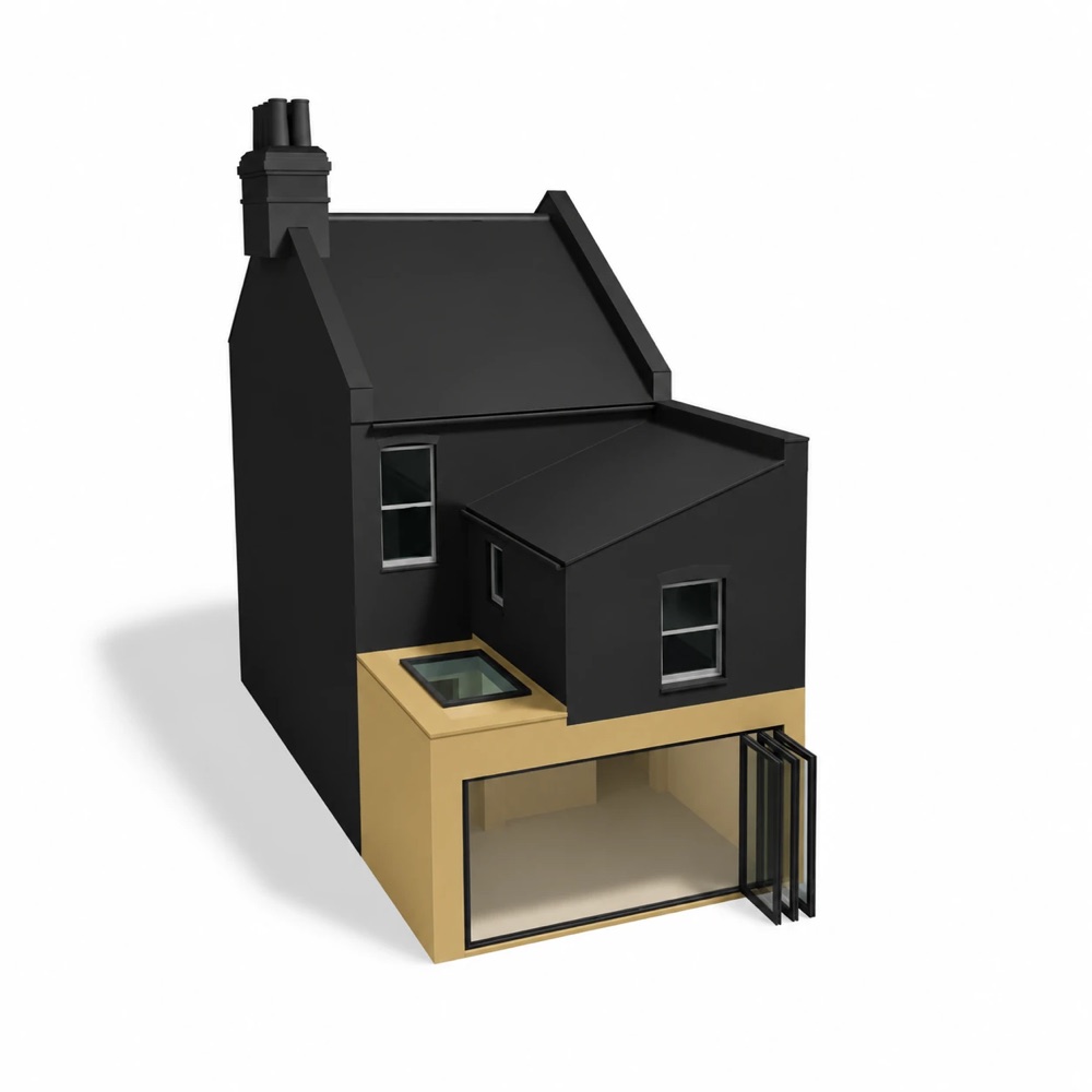 Model of a terraced house with a side return infill extension and bifold doors