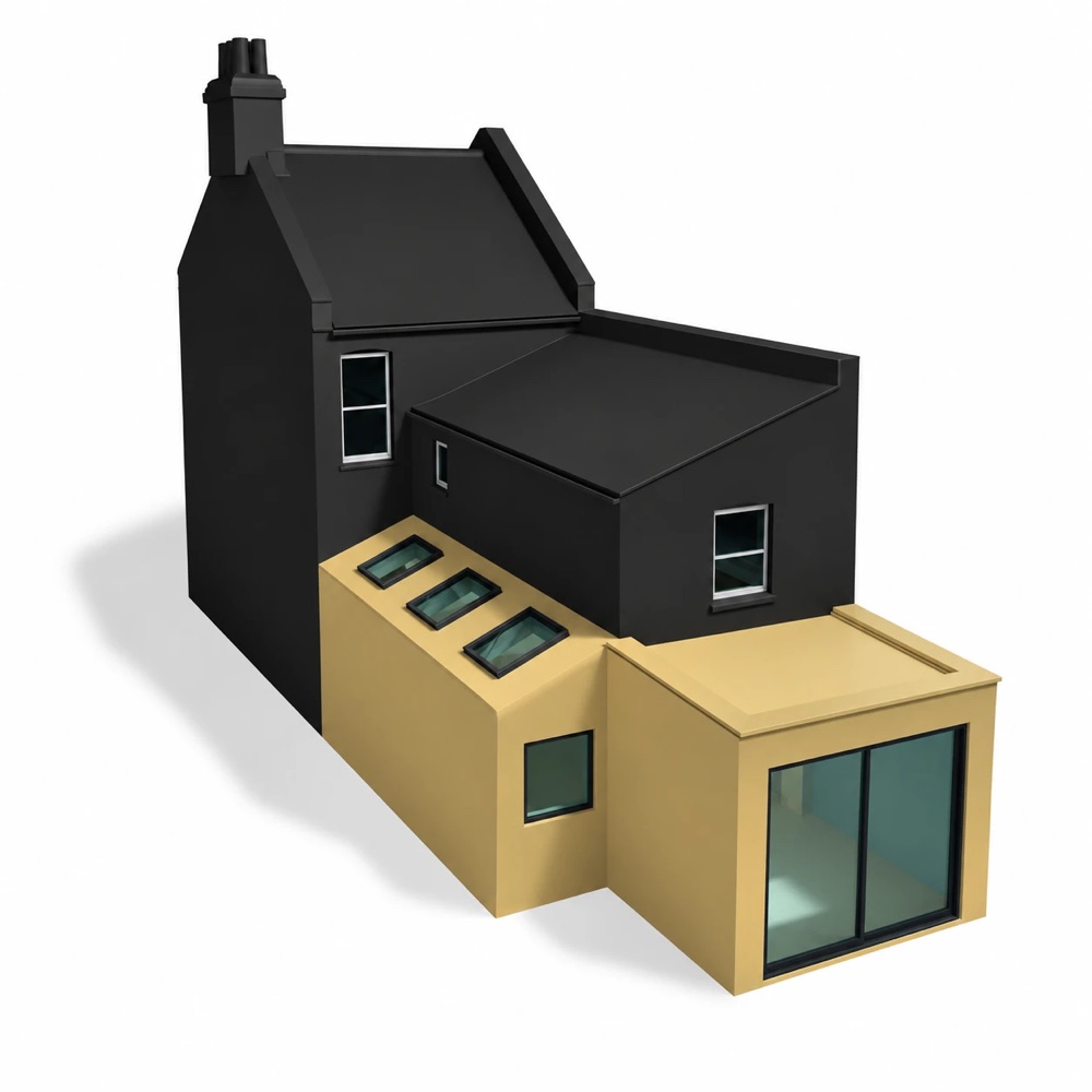 Model of a terraced house with a side return and rear wraparound extension